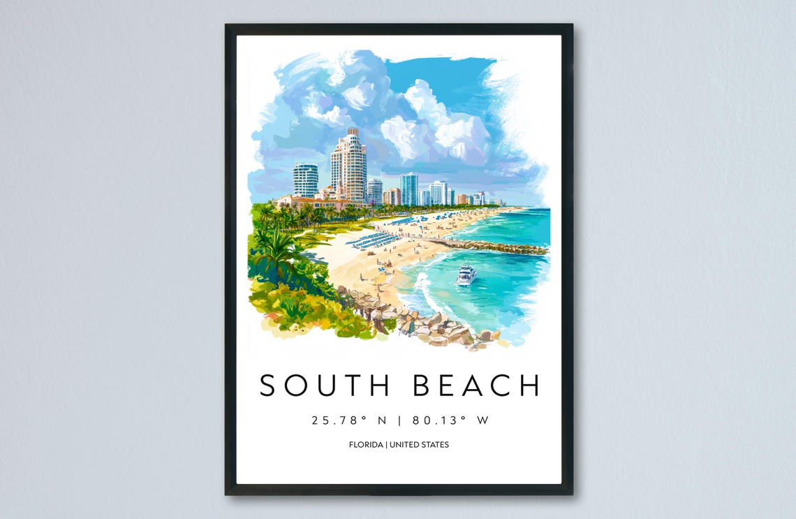 South Beach Florida Watercolor Skyline Coast Art Travel Print