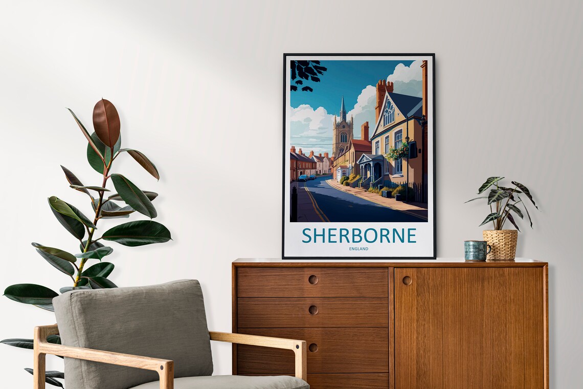 Sherborne England Old Town Street with Historic Church Travel Poster - Image 2