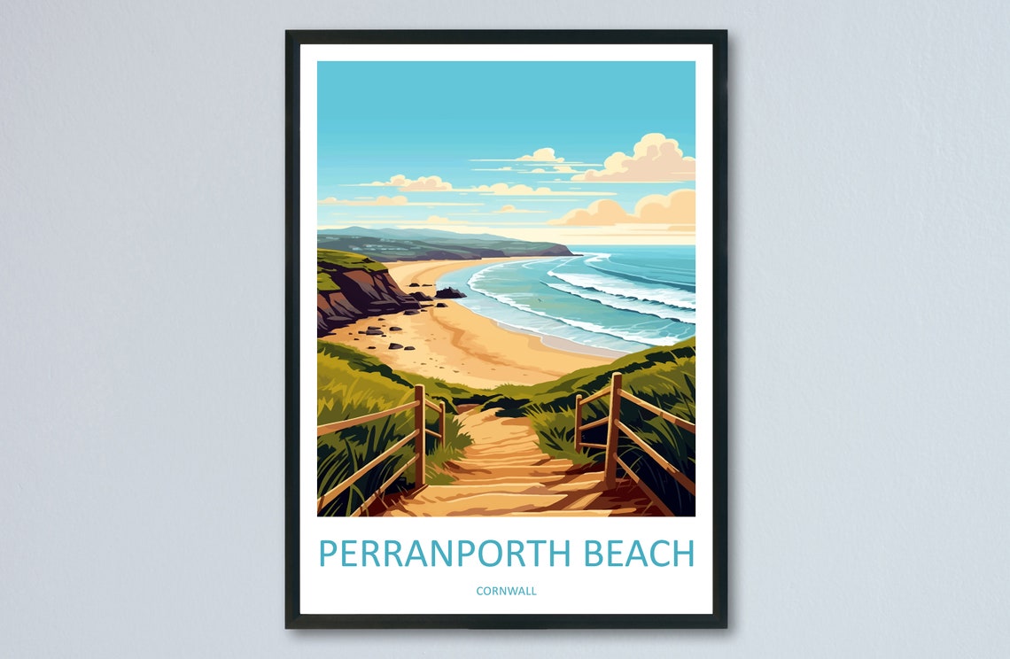 Perranporth Beach Cornwall Sandy Cove Steps Sunny Summer Travel Poster