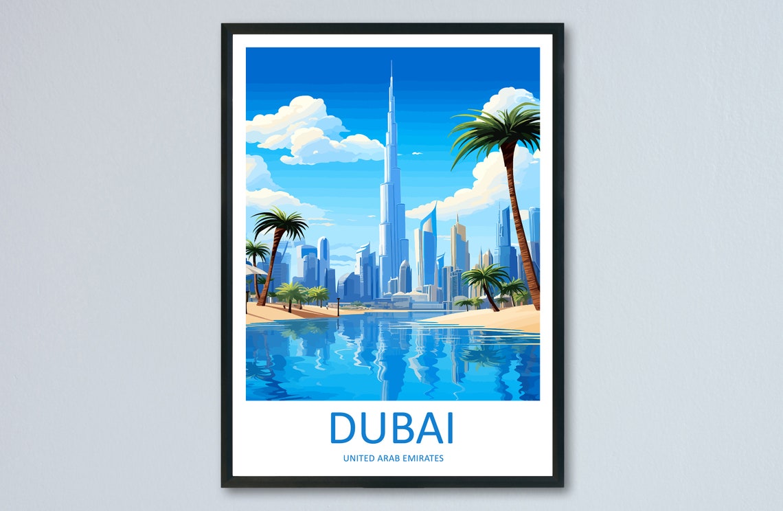 Dubai Skyline Burj Khalifa Waterfront Illustrated Travel Poster