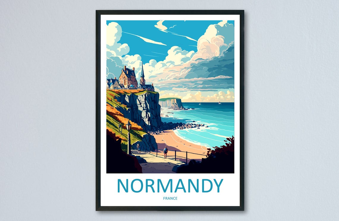 Normandy France White Cliffs and Coastal Path Beach Travel Poster