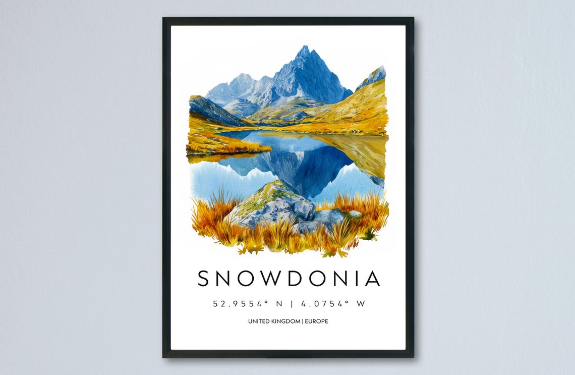 Snowdonia Peaks Mirror Lake Wales Mountain Watercolor Poster