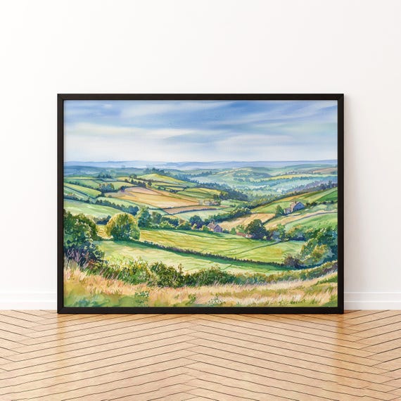 Blackdown Hills England Watercolor Poster Travel Print Countryside Landscape Painting Wall Art Uk Souvenir