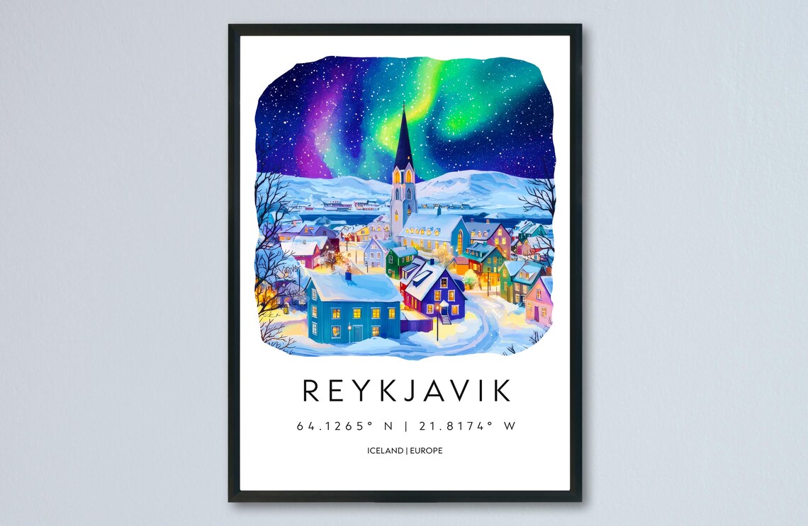 Reykjavik Iceland Night City Aurora Watercolor Travel Poster