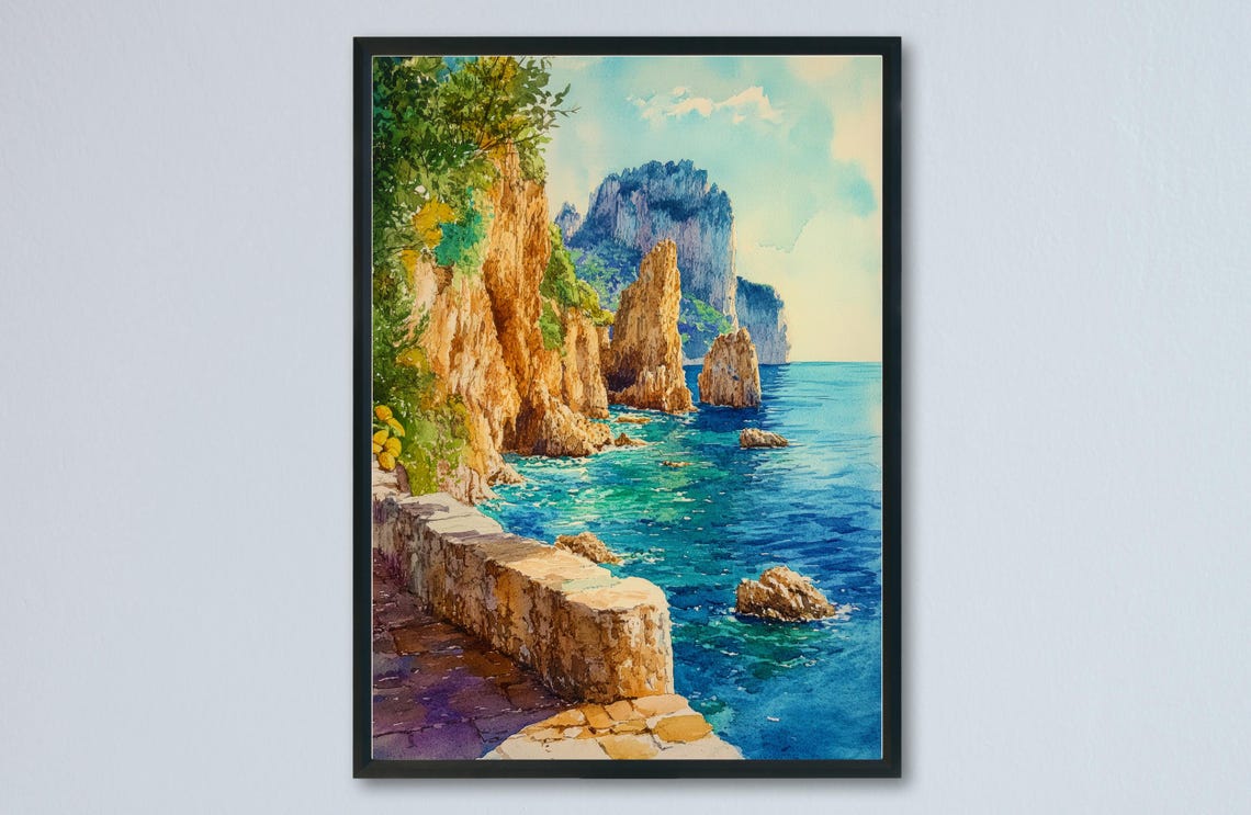 Capri Italy Faraglioni Sea Stacks Coastal Path Watercolor Poster