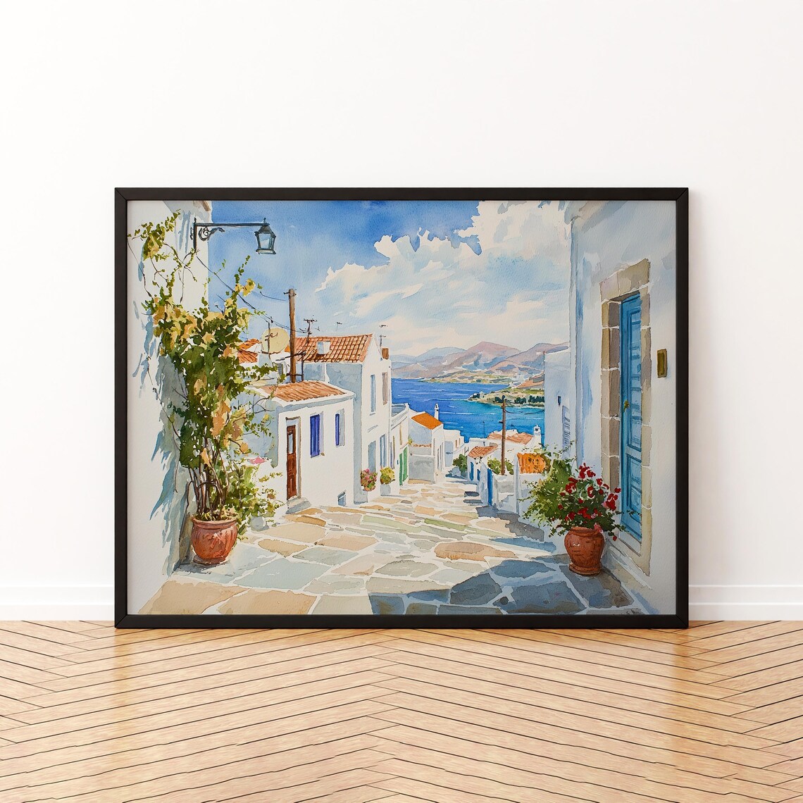 Syros Greek Island Whitewashed Street Watercolor Sea View Poster