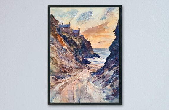 St Agnes Cliff Top Houses Golden Sunset Beach Watercolor Poster