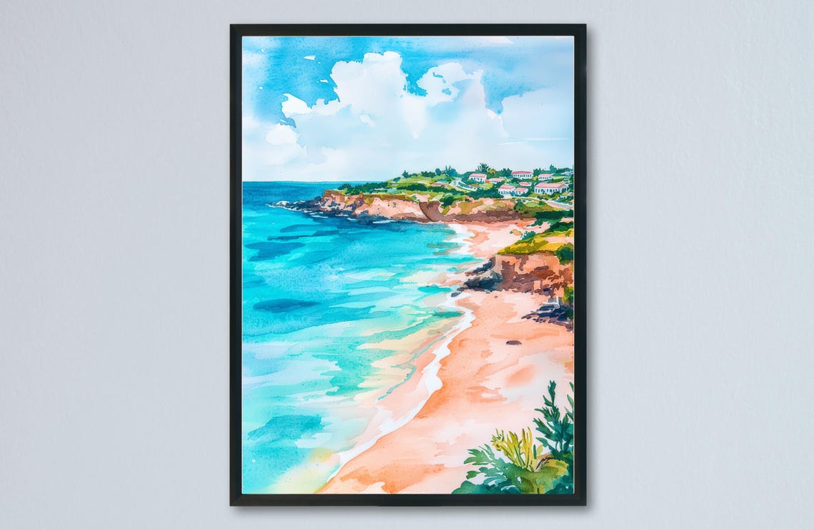 Bermuda Watercolor Pink Sand Beach Rocky Cliffs Coast Poster