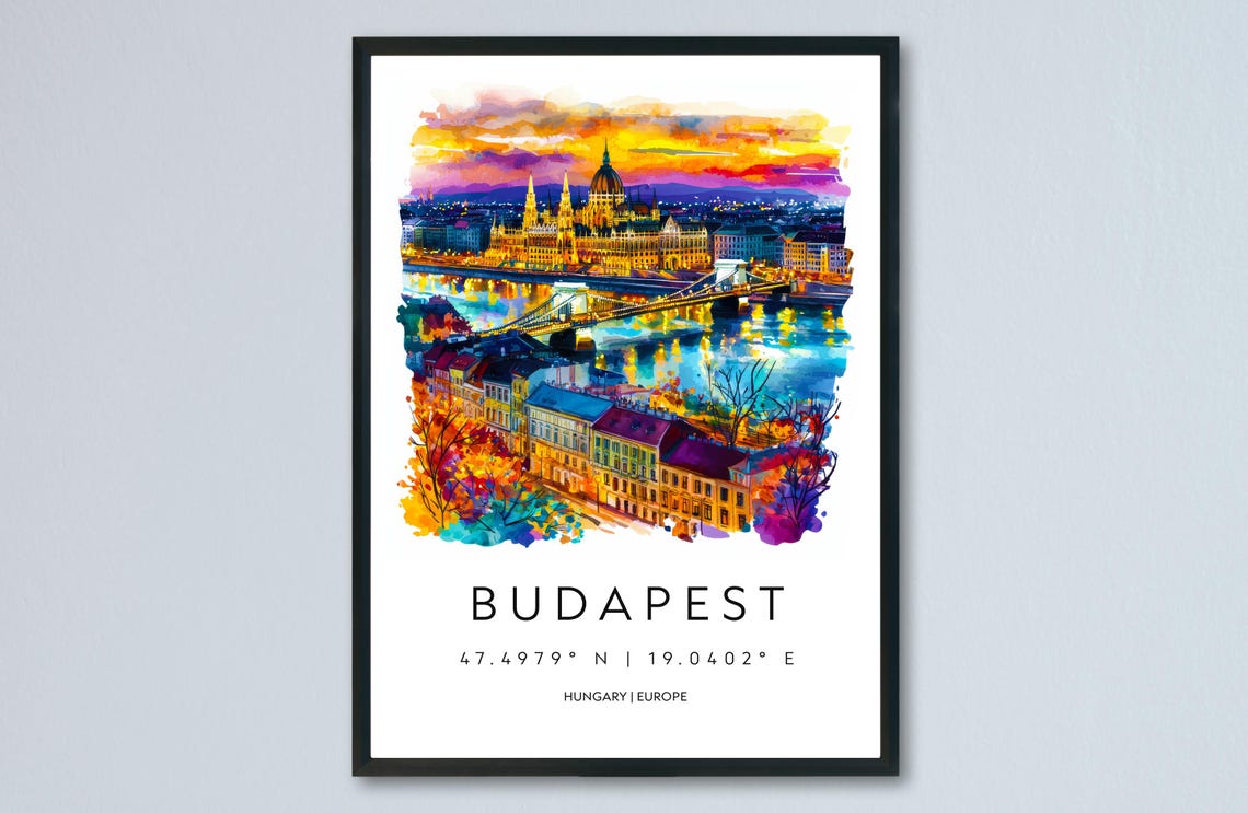 Budapest Watercolor Travel Poster Hungary Parliament Danube River Dusk