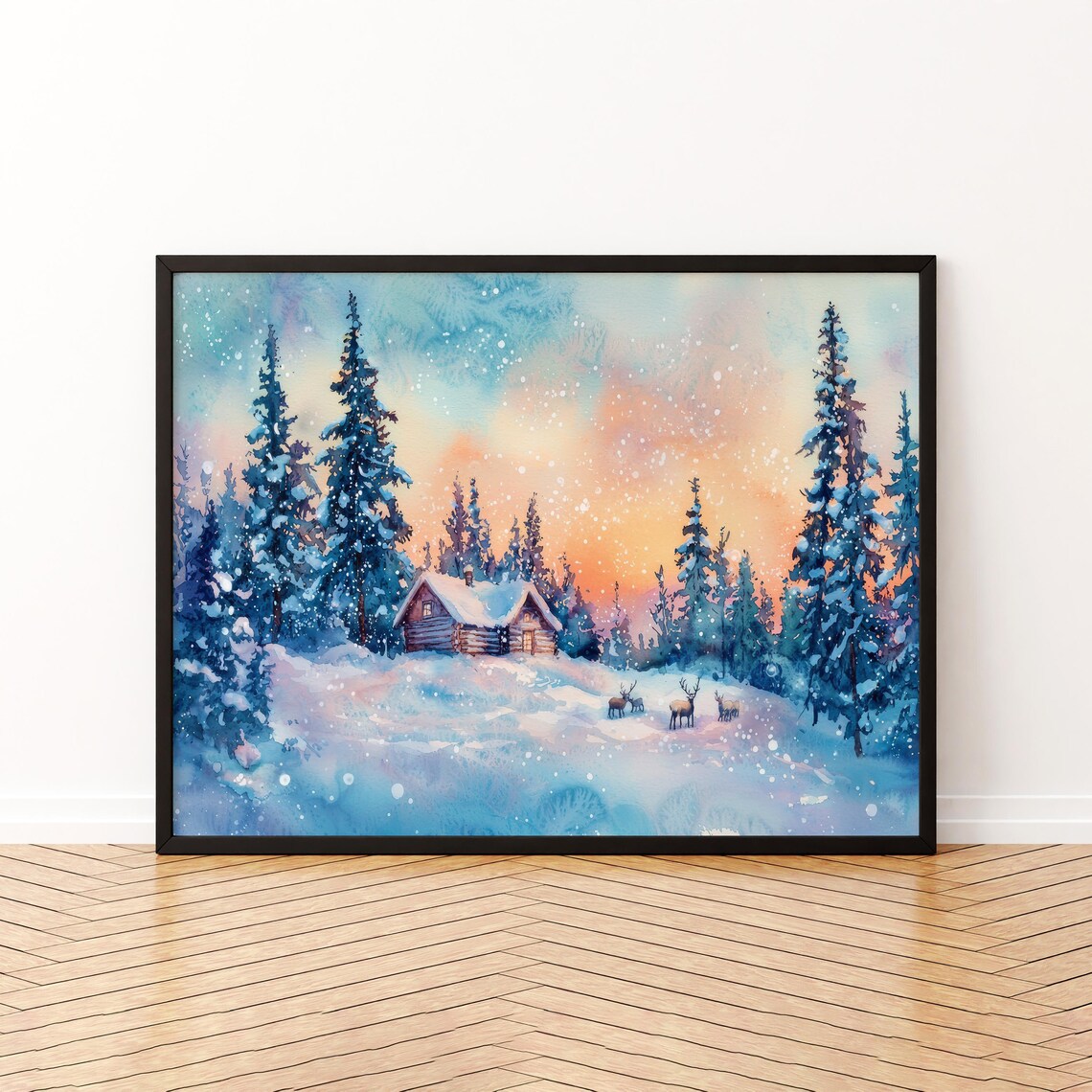 Lapland Winter Snowy Cabin Reindeer Pines Watercolor Landscape Poster