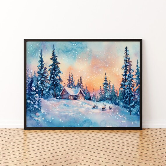 Lapland Winter Snowy Cabin Reindeer Pines Watercolor Landscape Poster