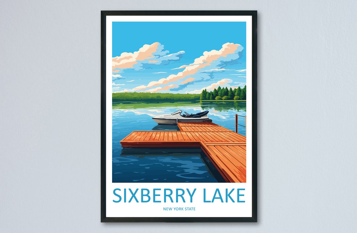 Sixberry Lake New York Peaceful Wooden Dock Boat Scene Poster