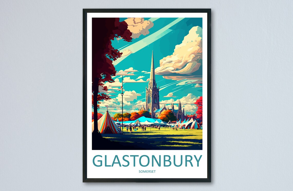 Glastonbury Somerset Summer Festival Tents Church Spire Art Poster