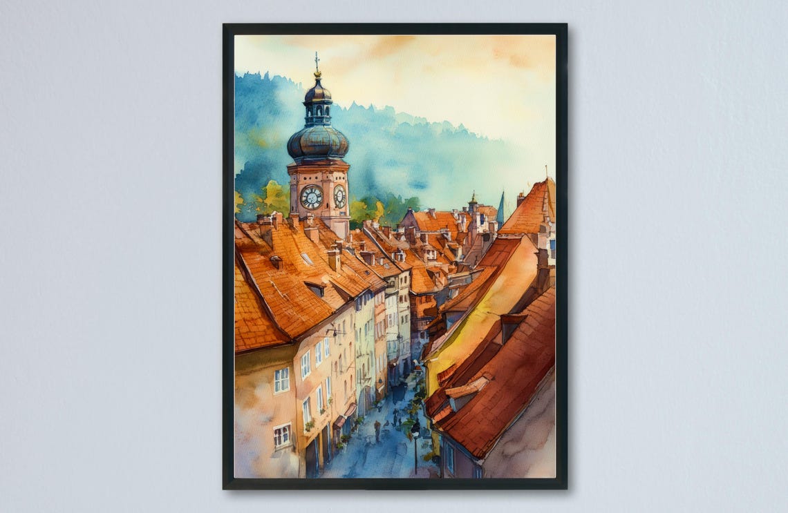 Graz Old Town Rooftops Clock Tower Red Tiles Austrian City Poster