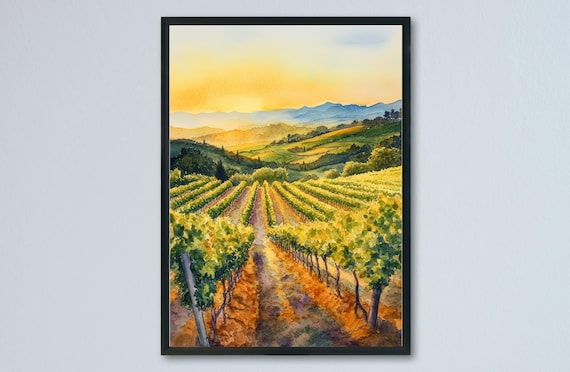 Napa Valley Vineyard Rows Golden Sunset Watercolor Art Poster