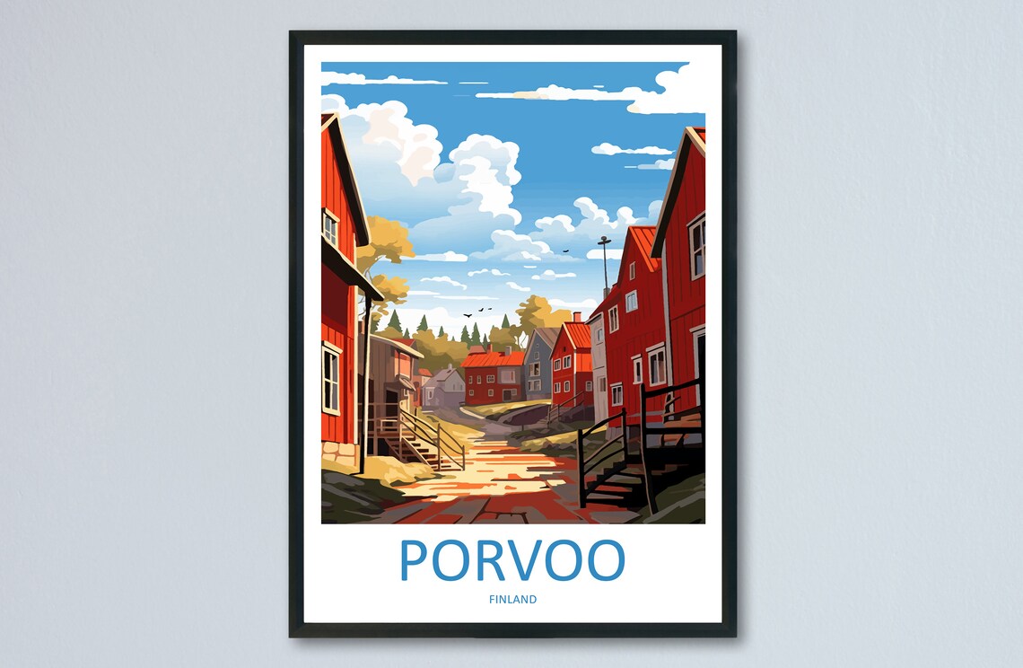 Porvoo Finland Old Town Red Houses Illustrated Street Poster