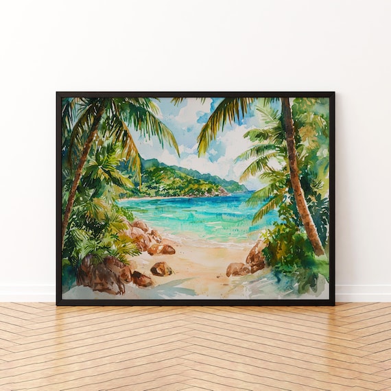 Seychelles Watercolor Poster, Landscape Art Print