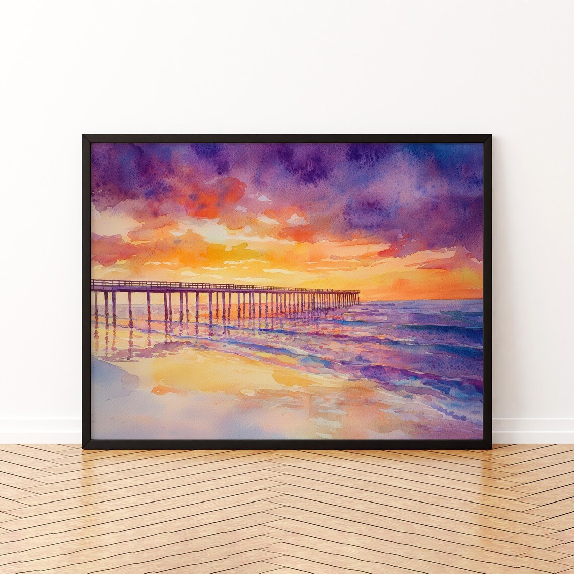 Panama City Beach Florida Sunset Pier Purple Sky Watercolor Poster
