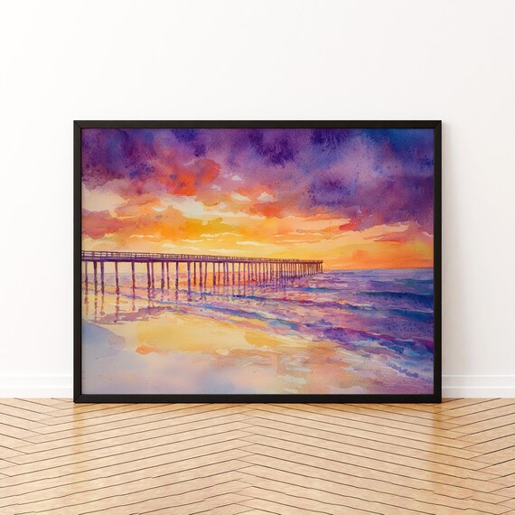 Panama City Beach Florida Sunset Pier Purple Sky Watercolor Poster
