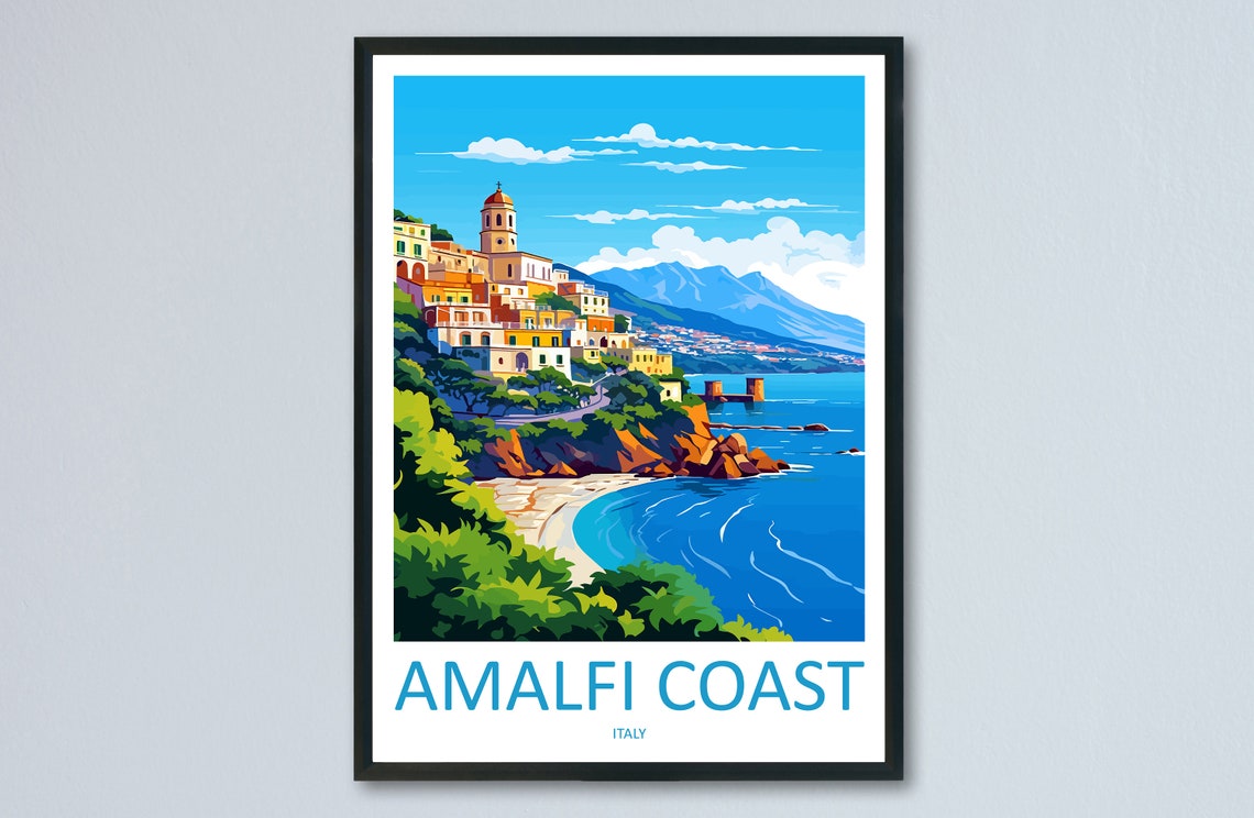 Amalfi Coast Italy Hillside Town Beach Bay Summer Travel Poster