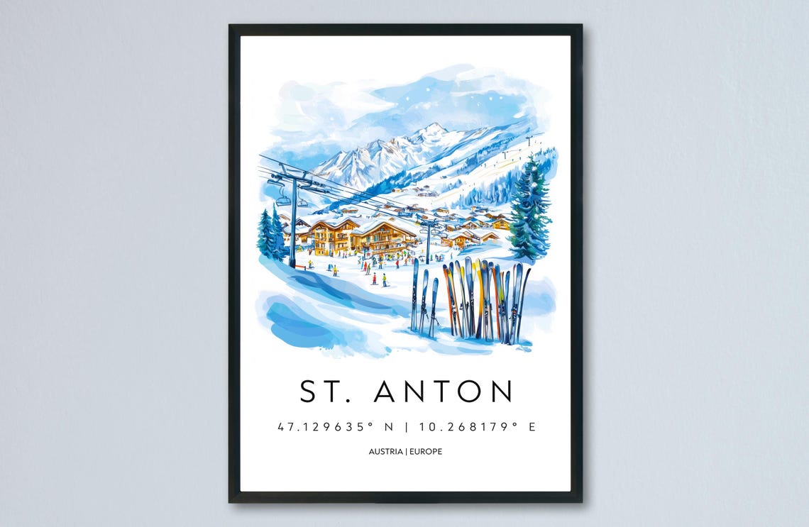 St Anton Ski Resort Snow Watercolor Austrian Winter Scene Poster