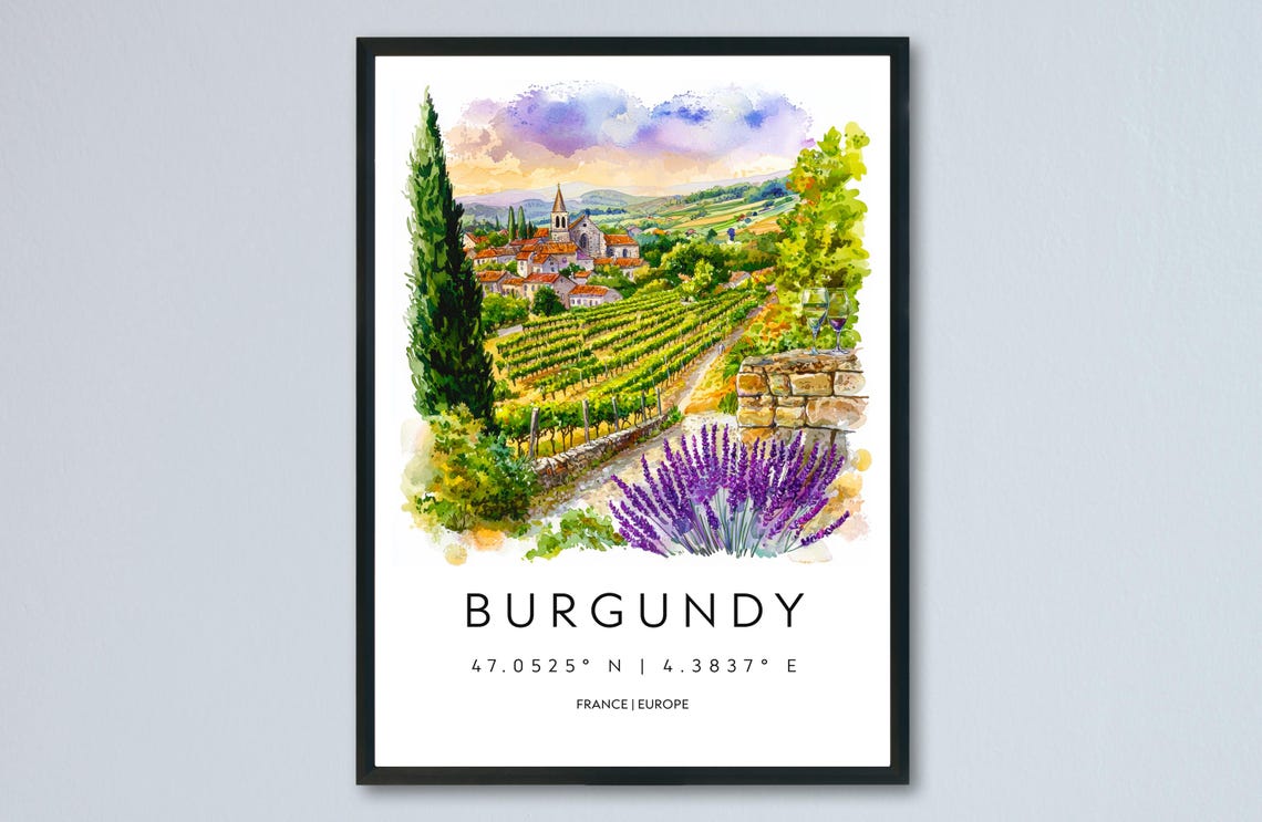 Burgundy France Watercolor Vineyard Village Lavender Travel Poster