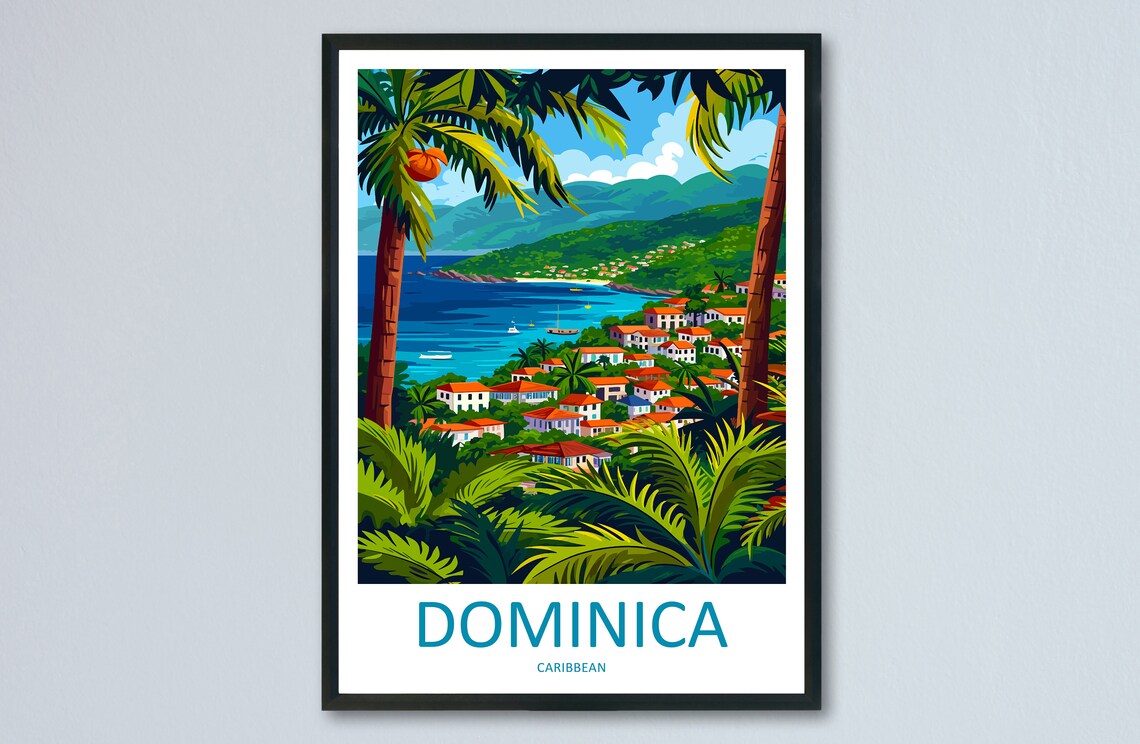 Dominica Coastal Town Red Roofs Caribbean Bay Vintage Travel Poster
