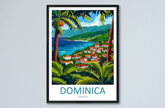 Dominica Coastal Town Red Roofs Caribbean Bay Vintage Travel Poster