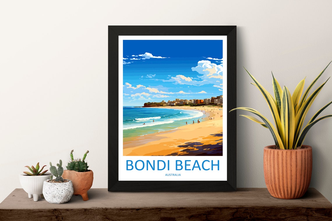 Bondi Beach Sunny Curved Surf Bay With Swimmers and Headland Poster - Image 3