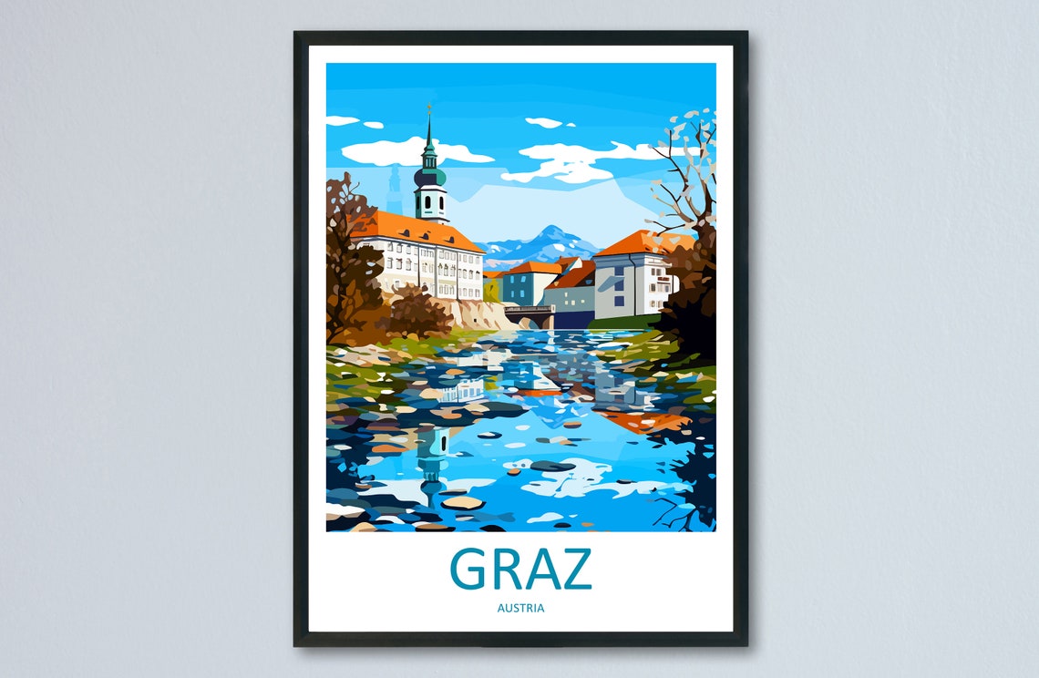 Graz Austria Riverside Architecture With Church Spire And Alps Poster