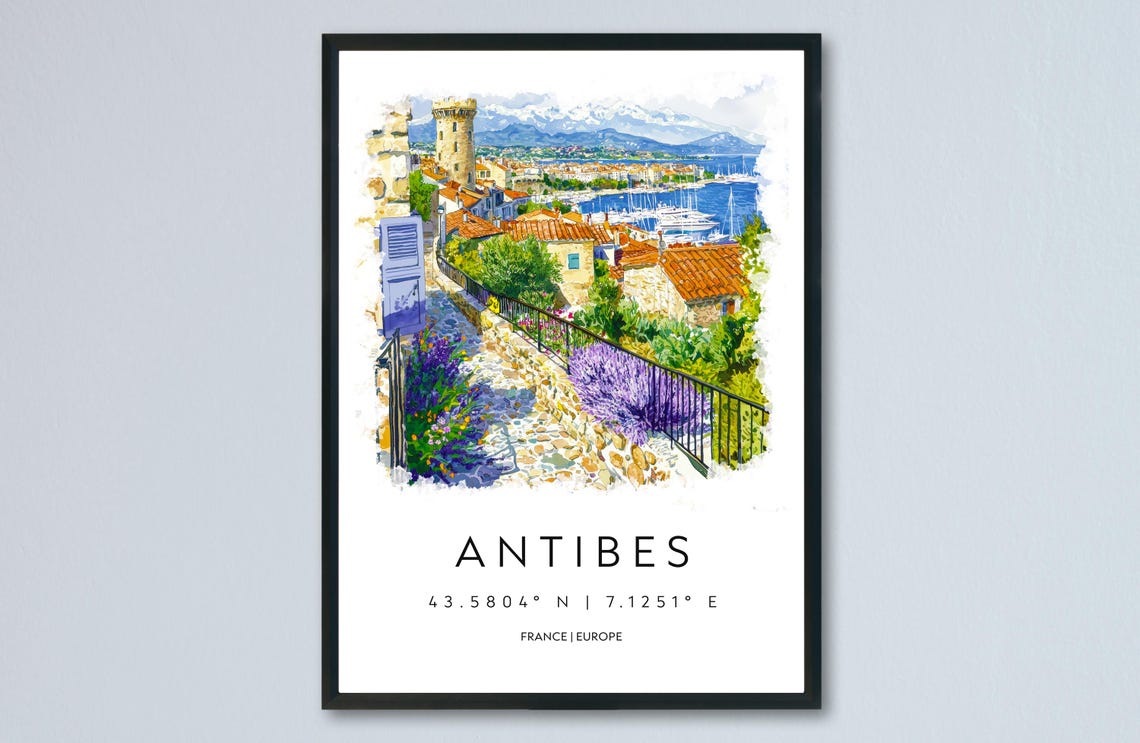 Antibes France Watercolor Travel Poster Harbor Coastline Map Artwork