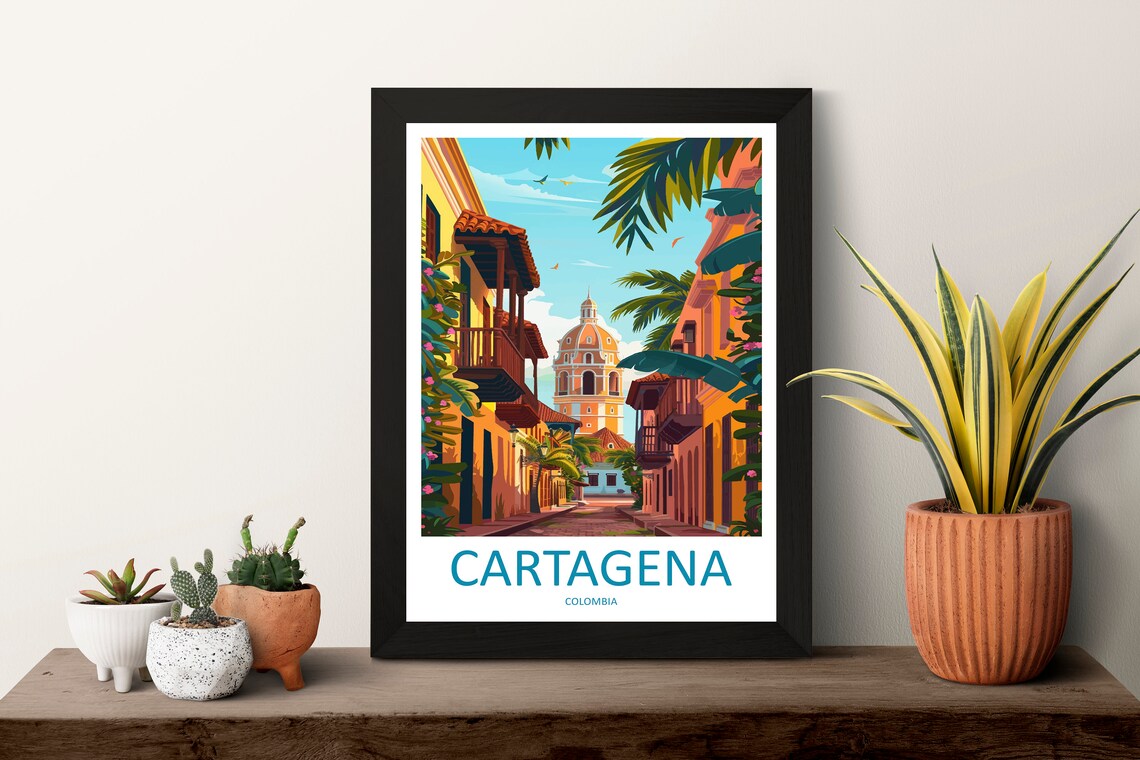 Vibrant Cartagena Colombia Old Town Colonial Street Travel Poster - Image 3