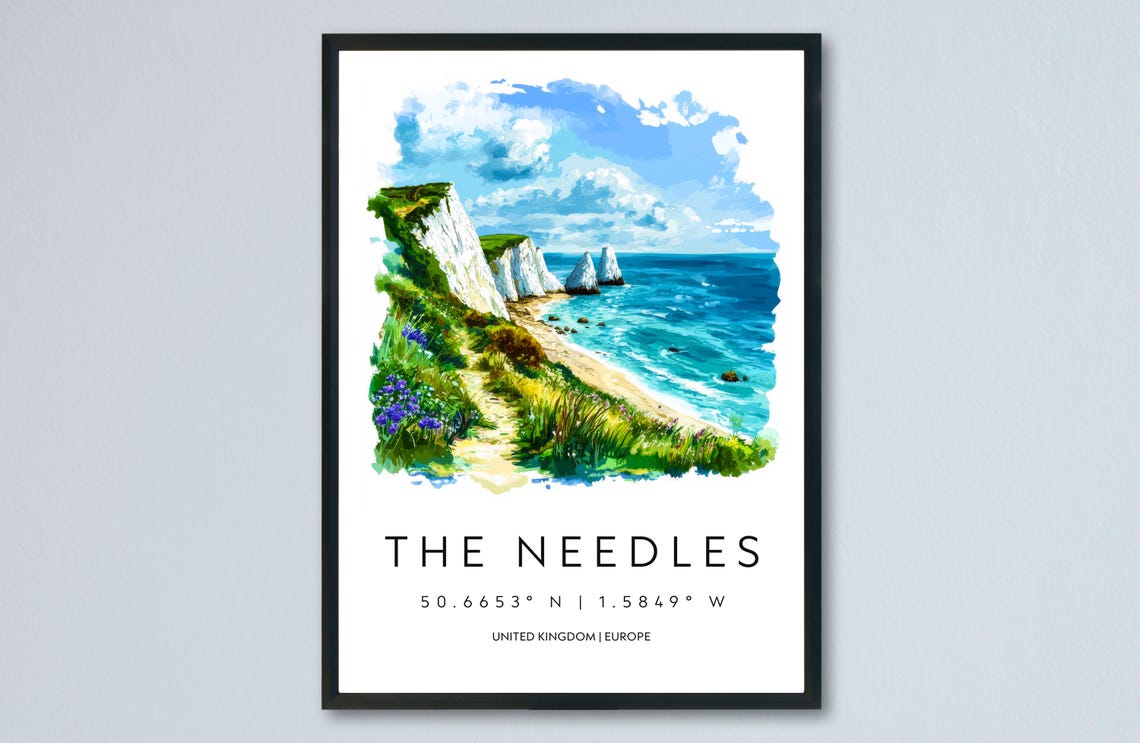 The Needles Isle of Wight Chalk Cliffs Sea Stacks Watercolor Poster