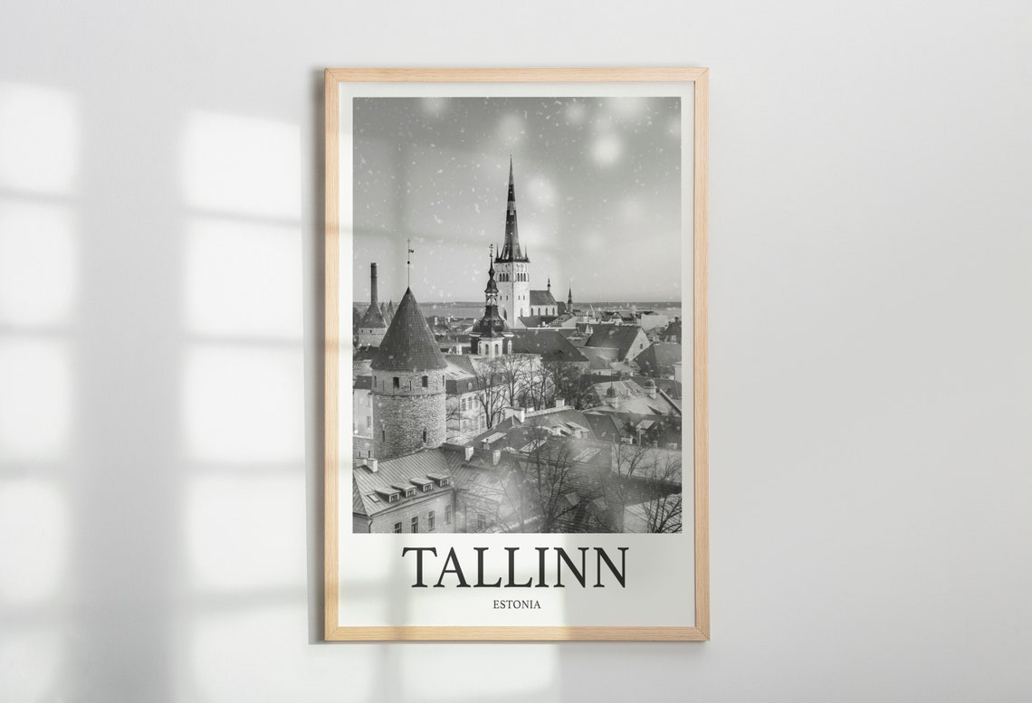 Tallinn Estonia Old Town Spires Snowfall Black and White Poster
