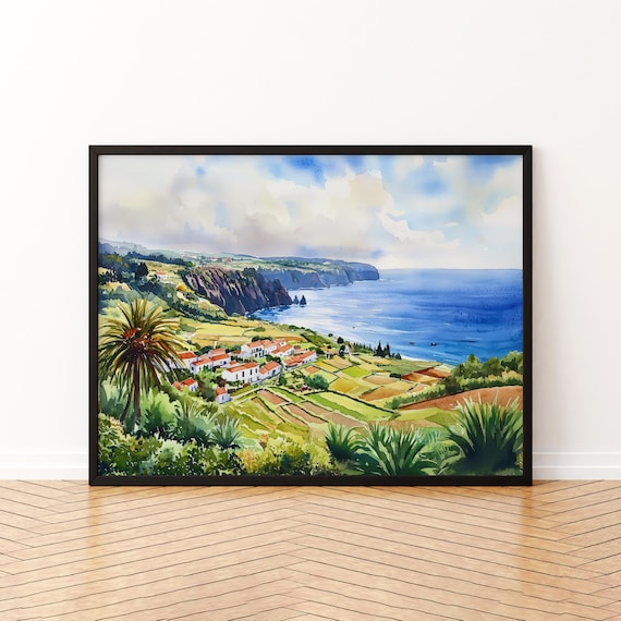 Azores Green Valley Coastal Village Terraced Fields Watercolor Poster