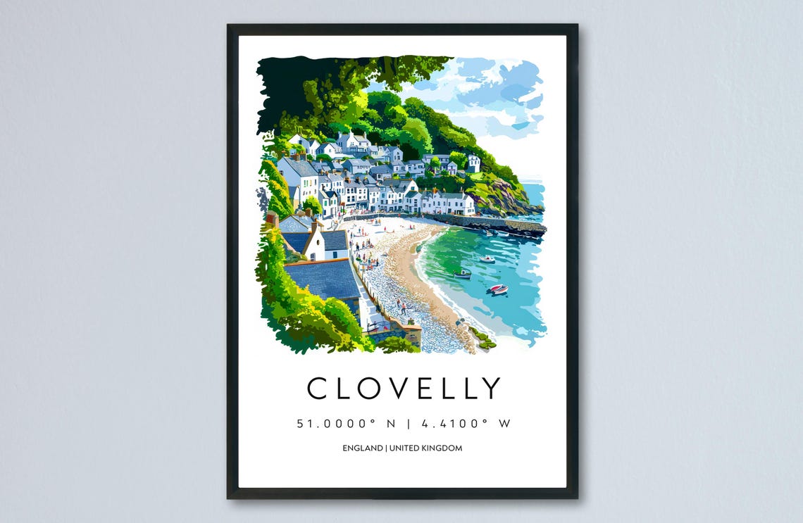 Clovelly England Coastal Fishing Village Watercolor Travel Poster