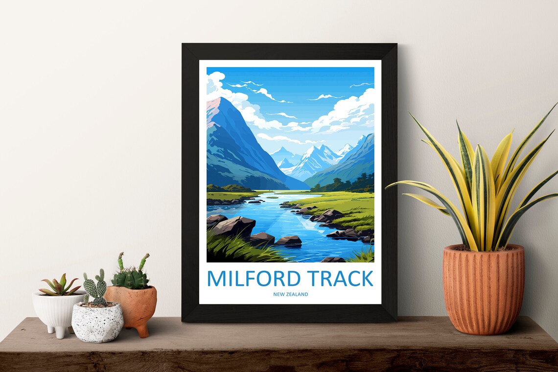 Milford Track New Zealand Mountain Travel Poster With River Peaks - Image 3