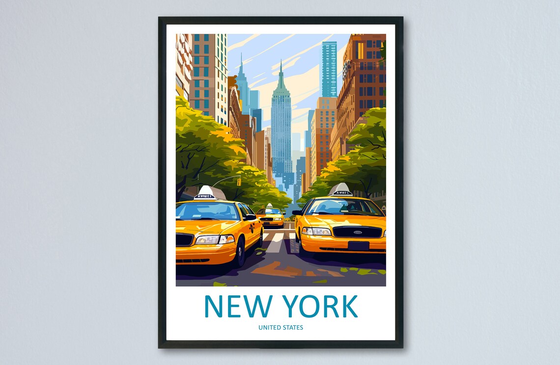 New York Yellow Taxis Manhattan Street Empire State Travel Poster