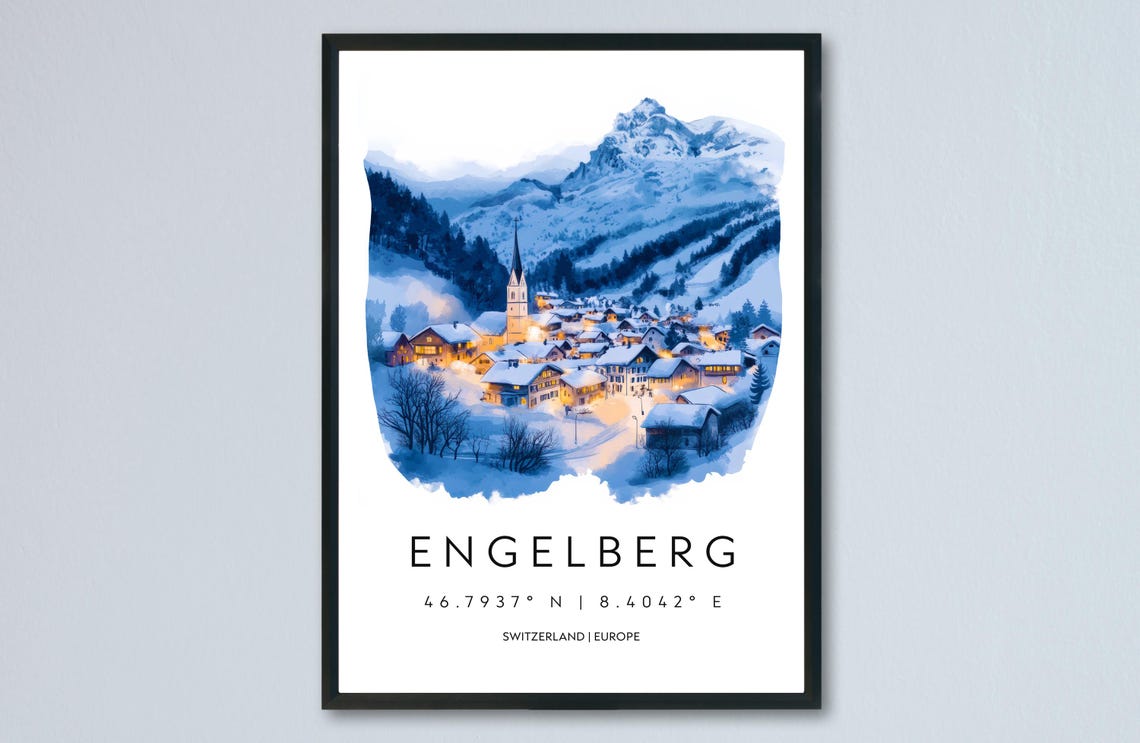 Engelberg Switzerland Night Snowy Alpine Village Watercolor Poster