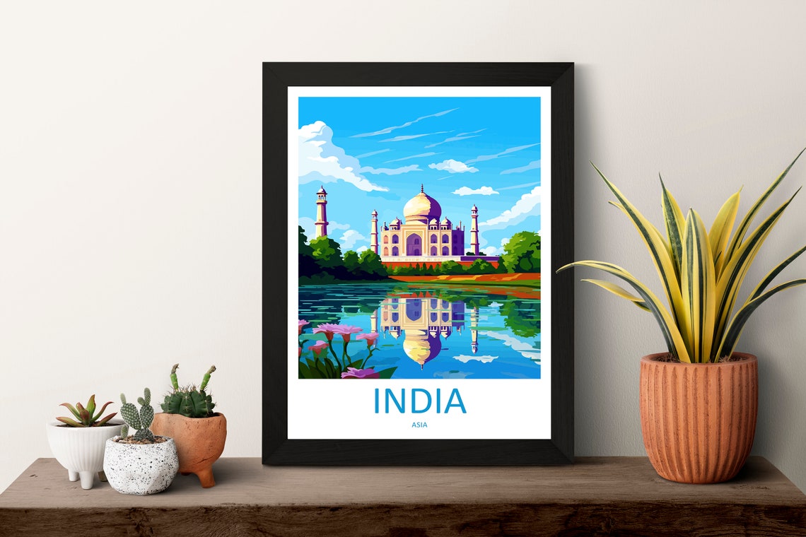 Taj Mahal Reflection Lotus Flowers India Illustrated Travel Poster - Image 3