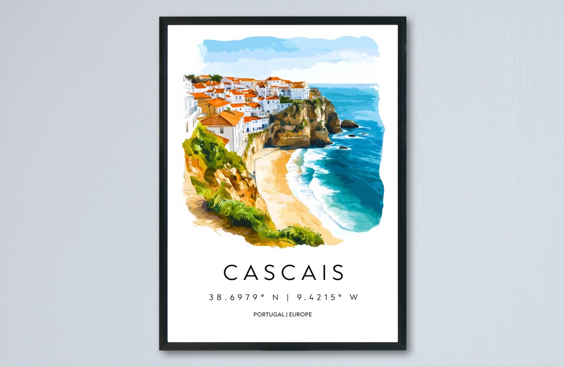 Cascais White Town Cliffs Watercolor Portugal Coast Travel Poster