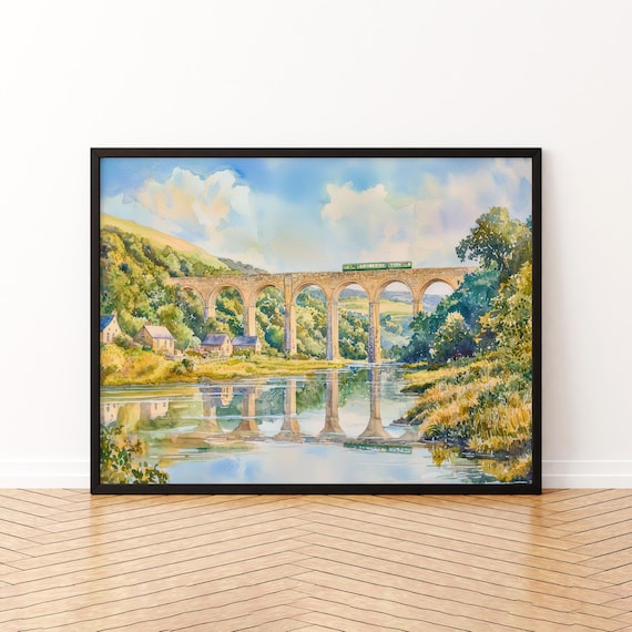 Tamar Valley England Watercolor Poster Stone Viaduct River Landscape Decor