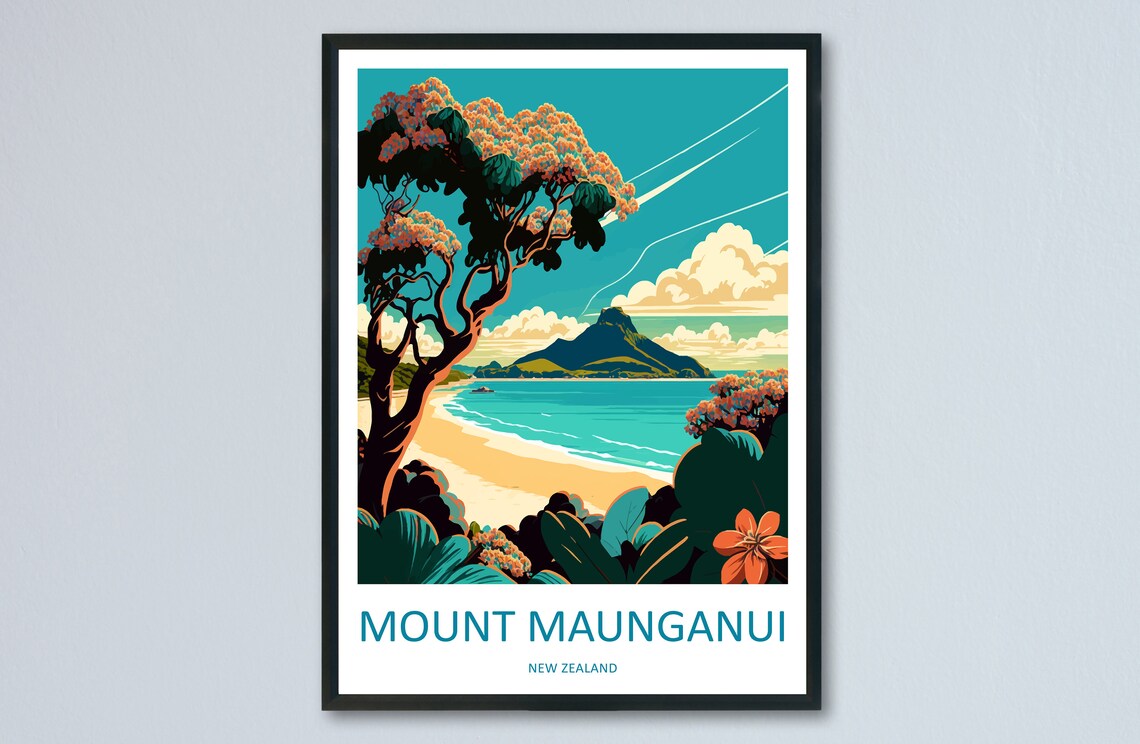 Mount Maunganui Travel Poster, New Zealand Wall Art