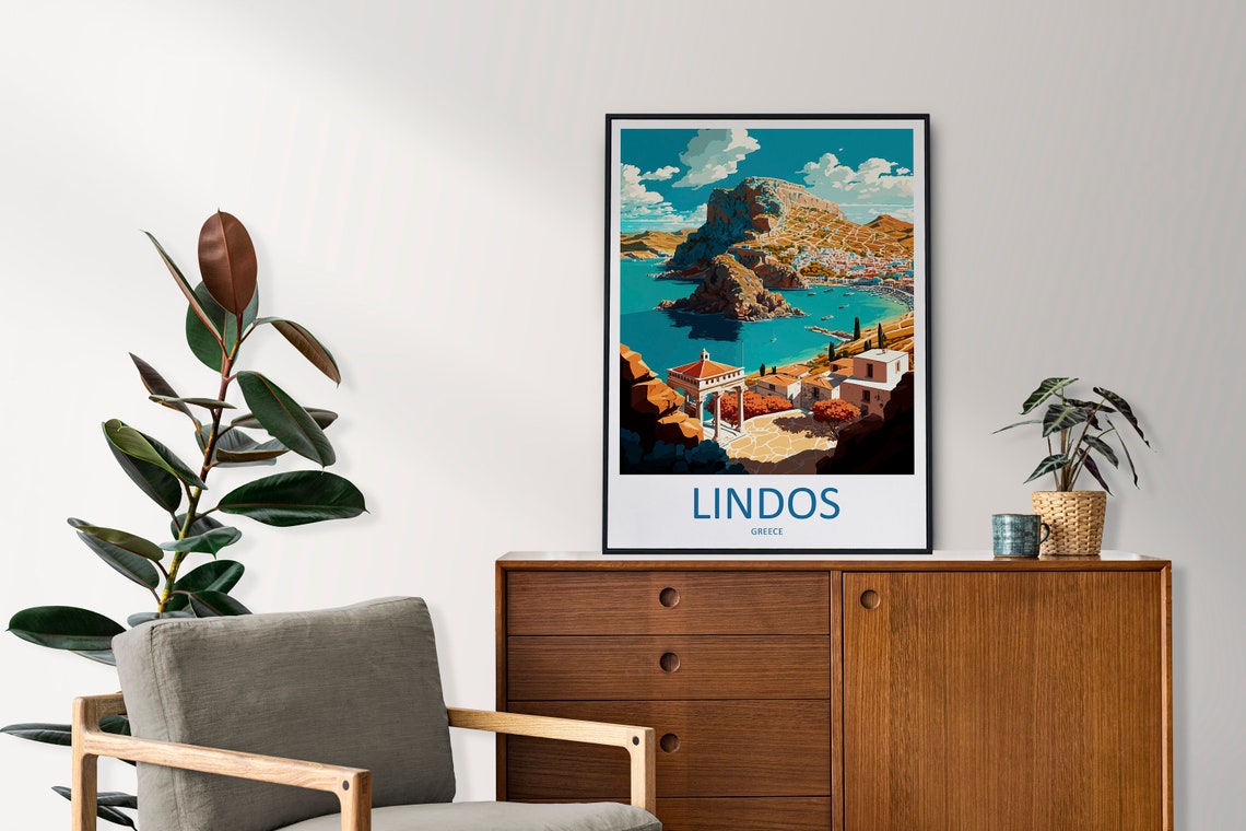 Lindos Greece Aegean Cliff Village Bay Retro Travel Art Poster - Image 2