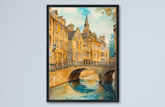 Bath England Pulteney Bridge Arches Over River Avon Watercolor City Poster