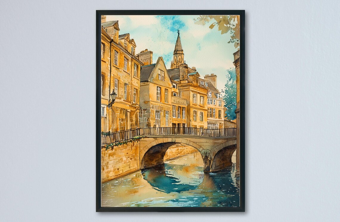 Bath England Pulteney Bridge Arches Over River Avon Watercolor City Poster
