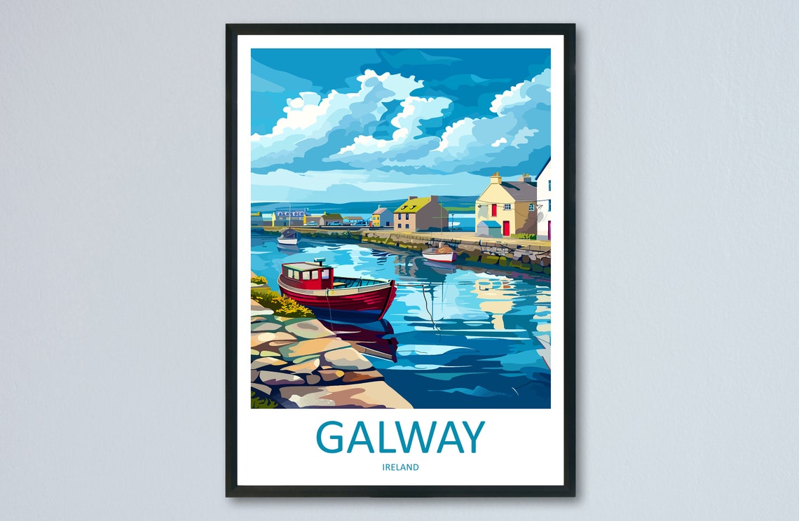 Galway Ireland Waterfront Harbor Red Boat Vintage Travel Poster
