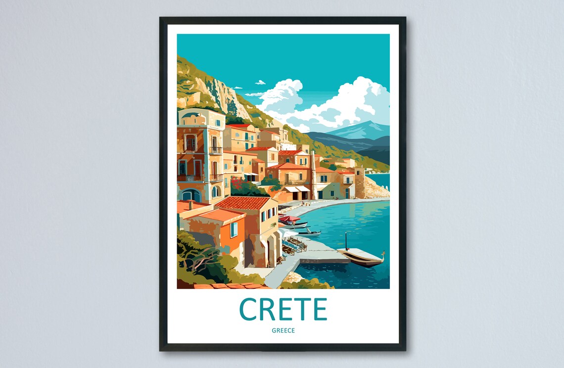 Sunlit Crete Fishing Harbor Village in Greece Coastline Travel Poster
