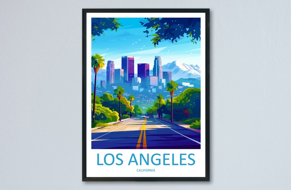 Los Angeles California Downtown Skyline Mountains Travel Poster