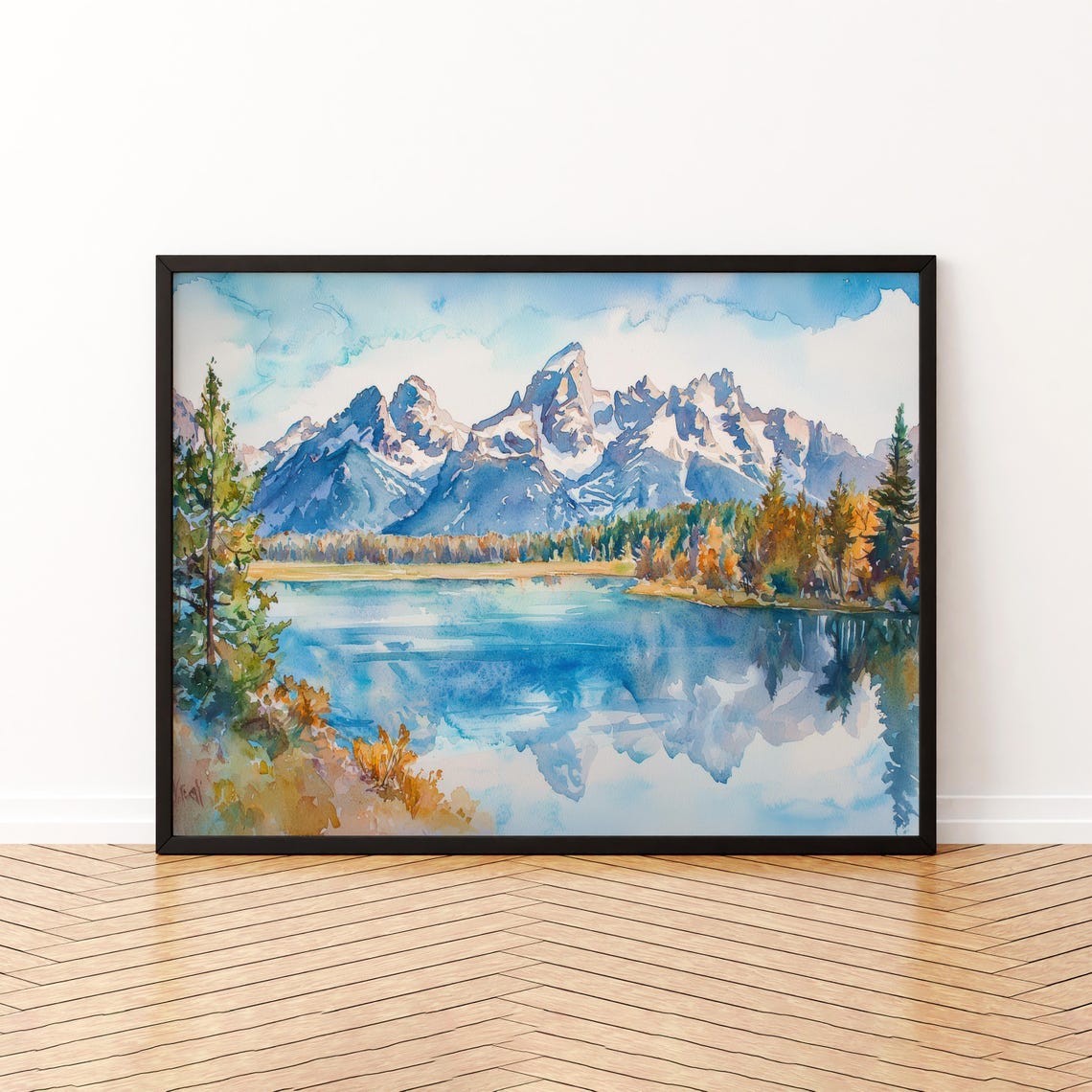 Grand Teton National Park Lake Mirror Reflection Watercolor Poster